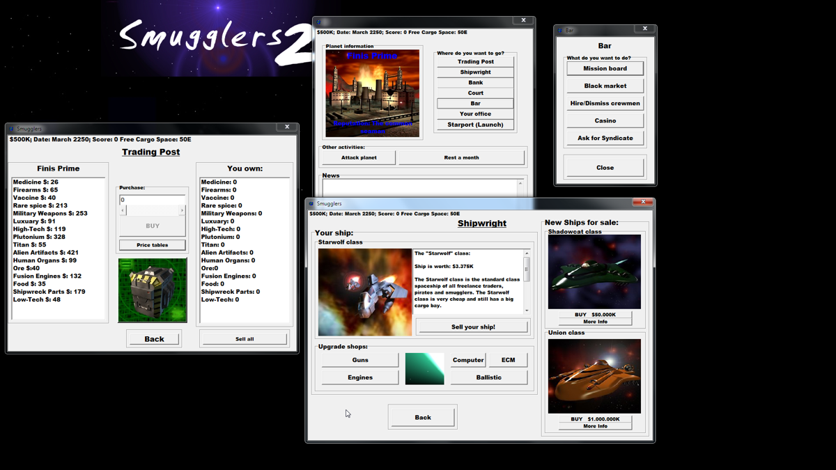Smugglers 2 (Windows) screenshot: You start on a Federation planet. Here you can buy items, ships, ship modules, get missions and even attack the planet.