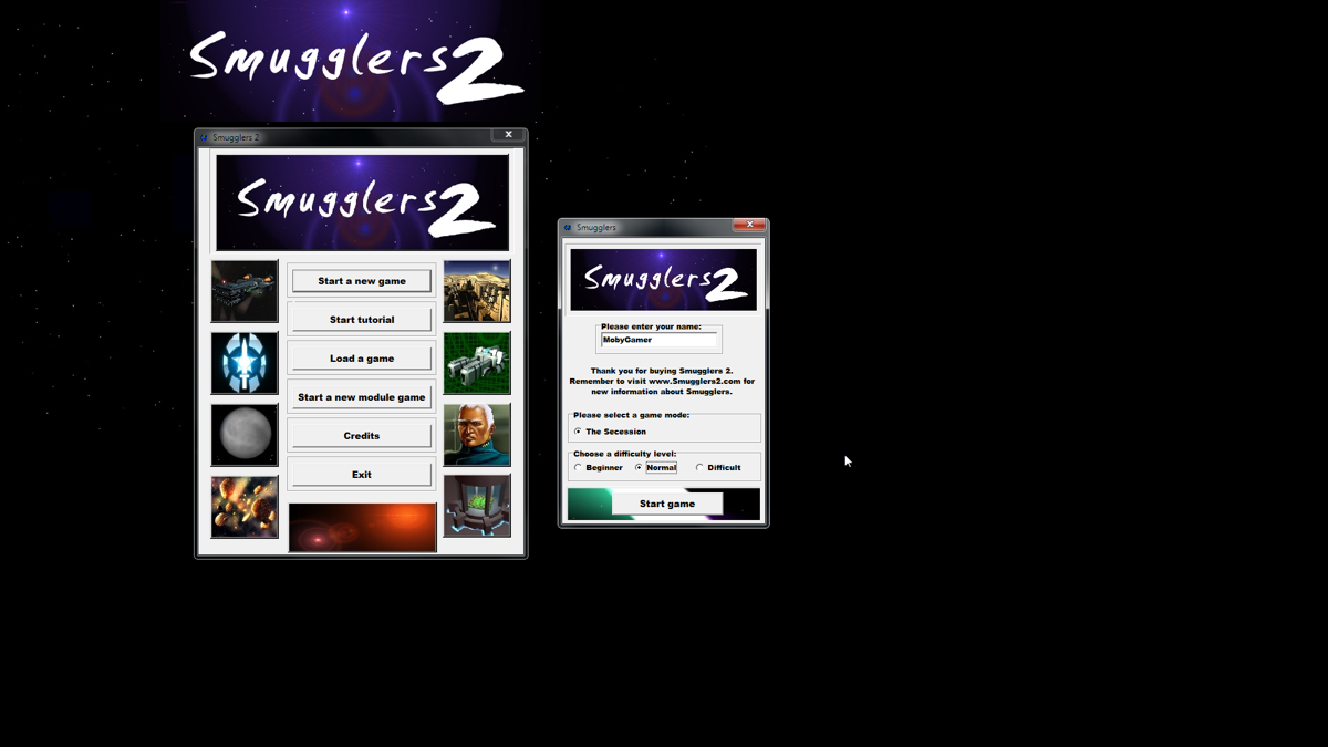 Smugglers 2 (Windows) screenshot: You can start a regular or a modded game. Every new menu in the game opens a new movable and adjustable window.