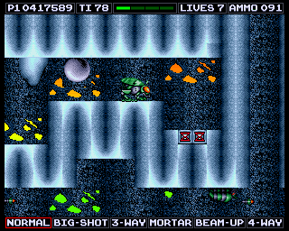 Venus the Flytrap (Amiga) screenshot: A dead-end. You can't go back in this game, so your only option here is to kill yourself. Just step on the time-drainers below and die from time-out.