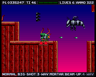 Venus the Flytrap (Amiga) screenshot: Sometimes you'll meet bigger and tougher variations of the ordinary enemies.