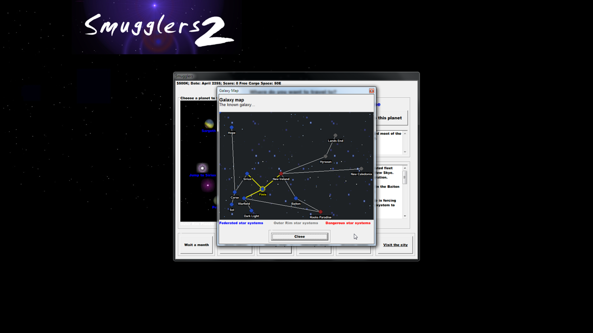 Smugglers 2 (Windows) screenshot: The quadrant map shows which stars are controlled by the Federation, the Outer Rim Alliance and the dangerous, disputed systems.