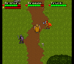 King Arthur & the Knights of Justice (SNES) screenshot: Three knights questing.