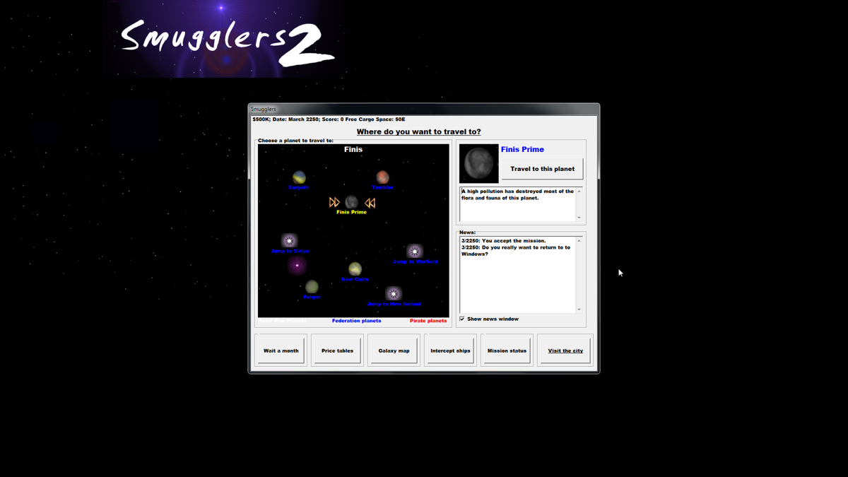 Smugglers 2 (Windows) screenshot: Map of the starting system. I'll need to travel to a different planet to find my mark. Every action takes time, which ages your character, advances the war, etc.