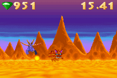 Spyro: Season of Ice (Game Boy Advance) screenshot: Fighting a boss with limited time in Stone Age Speedway