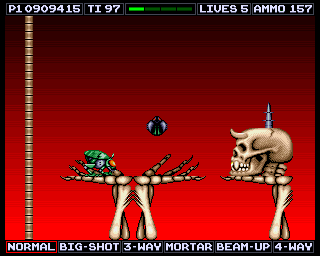 Venus the Flytrap (Amiga) screenshot: What a strange level. Walking on skeleton-bones and skulls?