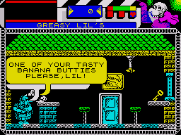 Seymour Goes to Hollywood (ZX Spectrum) screenshot: Lil can sell you a banana butterfly as you've no money
