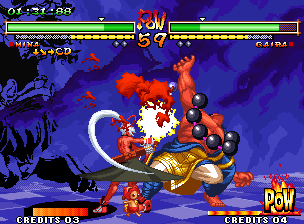 Samurai Shodown V Special (Neo Geo) screenshot: Kafuin Gaira trying to attack Mina Majikina: he's suddenly hit-stopped by her closing-bow attack...