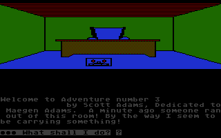 Scott Adams' Graphic Adventure #3: Secret Mission (Atari 8-bit) screenshot: That's how it all starts