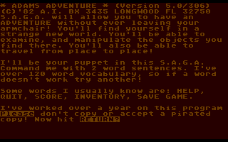 Scott Adams' Graphic Adventure #3: Secret Mission (Atari 8-bit) screenshot: And the obligatory intro, no piracy!