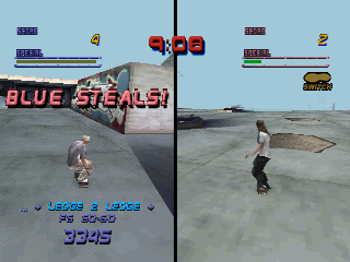 Tony Hawk's Pro Skater 2 (PlayStation) screenshot: Graffiti 2 player mode, You can tag obstacles and steal the tagged ones.