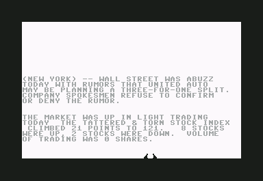 Computer Stocks & Bonds (Commodore 64) screenshot: The latest news about market conditions.