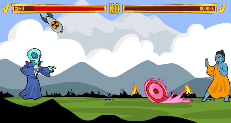 Faith Fighter (Windows) screenshot: Buddha's Dharma Wheel is countered with a nuke.