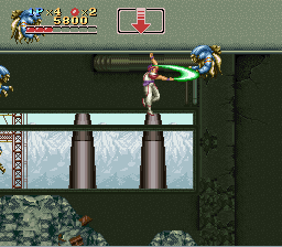 Run Saber (SNES) screenshot: Fighting some enemies while hanging from the ceiling