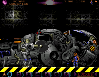 Assassin (Amiga) screenshot: A boss-fight. It's a bit hard to make him out from the background, but it's a big robot, armed with a spinning disk.
