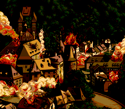 Dungeon Explorer II (TurboGrafx CD) screenshot: Intro: the city in flames.