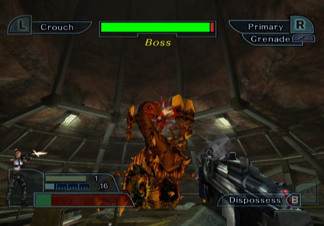 Geist (GameCube) screenshot: Attacking a large boss level enemy.