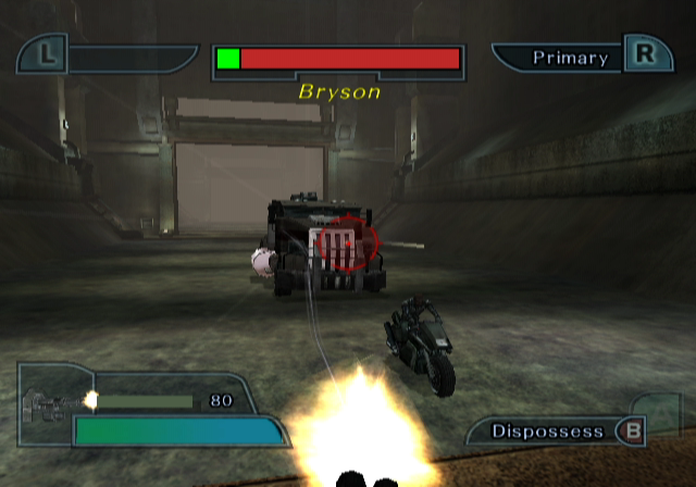 Geist (GameCube) screenshot: Destroy that truck before it catches your friend on the motorcycle.