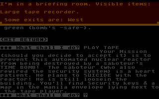 Scott Adams' Graphic Adventure #3: Secret Mission (Atari 8-bit) screenshot: The plot thickens...