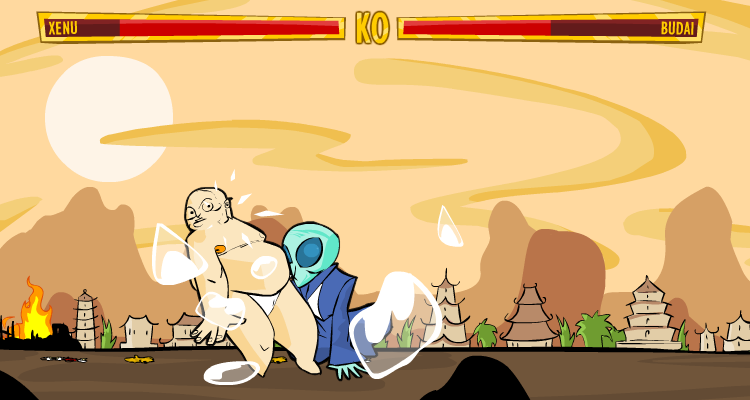 Faith Fighter (Windows) screenshot: Xenu can freeze the opponent.