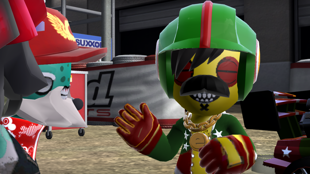 ModNation Racers (PlayStation 3) screenshot: Tag's mechanic Chief (to the left) and his old rival Espresso