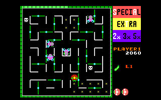 Lady Bug (DOS) screenshot: Rotate the green doors to foil those bug-eyed freaks.