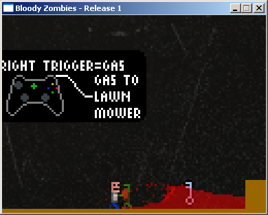 Bloody Zombies (Windows) screenshot: A zombie gushes blood as he walks into your lawn mower