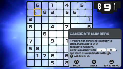 Go! Sudoku (PSP) screenshot: Tutorial about Candidate numbers