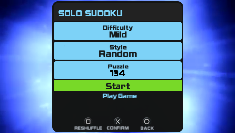 Go! Sudoku (PSP) screenshot: Puzzle selection screen
