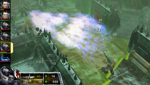Warhammer 40,000: Squad Command (PSP) screenshot: Breaking news: Grey Knight accidentally discharges his flamethrower while off duty
