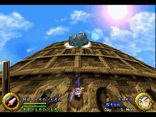 Brave Fencer Musashi (PlayStation) screenshot: Musashi escaping from the rolling head.