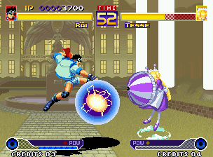Waku Waku 7 (Neo Geo) screenshot: In an attempt to block Rai's projectile-based move Inazuma Cannon, Tesse decides to use her parasol.