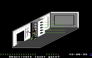 Project Firestart (Commodore 64) screenshot: You can often interact with the environment, like disabling this laser-gate from the panel on the wall.