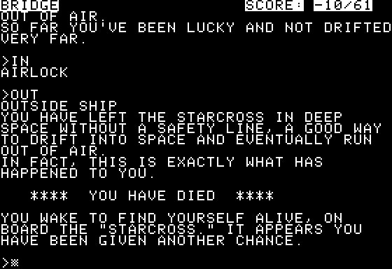 Starcross (Apple II) screenshot: ... mostly dangerous.