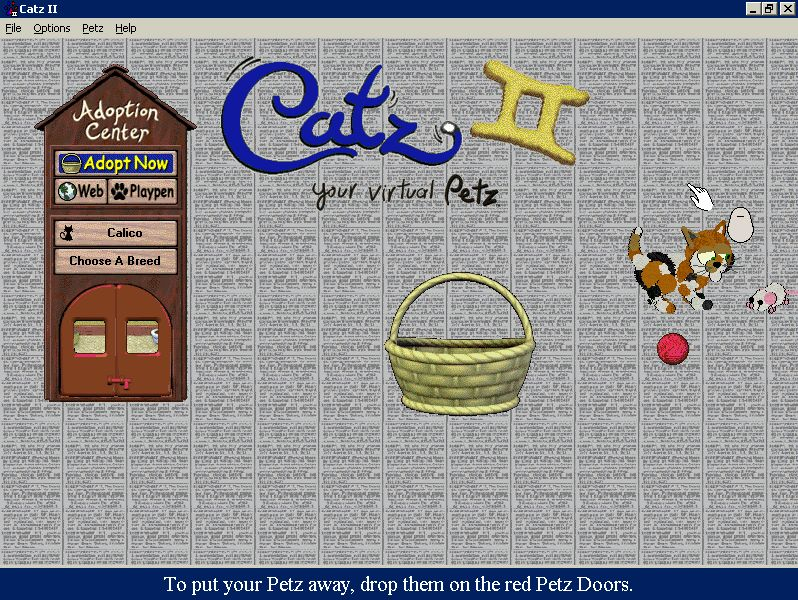 Catz II: Your Virtual Petz (Windows) screenshot: A mouse has appeared! This is the demo game, in the retail version there are two mice who need to be tempted from there hole with cheese