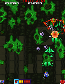 Dangerous Seed (Arcade) screenshot: Stage 3, shooting at Enormous Gani