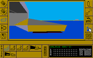 Carrier Command (Amiga) screenshot: A new heading is picked for the carrier, as the Walrus docks.