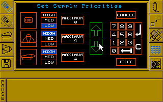 Carrier Command (Amiga) screenshot: All supply priorities start at 0, so it is important to select what you want manufactured by your factory islands.