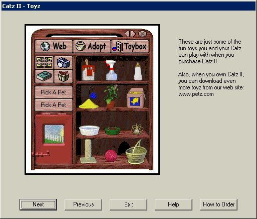 Catz II: Your Virtual Petz (Windows) screenshot: Catz II has a playpen area, just like Dogz II but with different toys