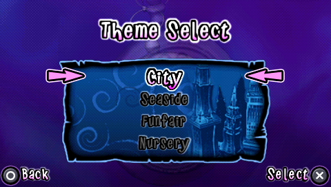 Crush (PSP) screenshot: Theme select (ie. level select)