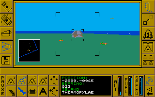 Carrier Command (Amiga) screenshot: Manta 2 is able to penetrate the defenses of the island and fire missiles at the command centre.