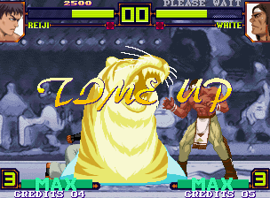 Shin Gōketsuji Ichizoku Tōkon: Matrimelee (Neo Geo) screenshot: Even with the time expired, Reiji attempts to hit White with his Ippatsu Ougi move Giant Tiger Roar!