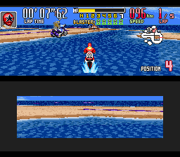 Saban's Power Rangers Zeo: Battle Racers (SNES) screenshot: Zeo Ranger 5 (Red) uses a shortcut through the dark water, but judging by his low speed, it fails...