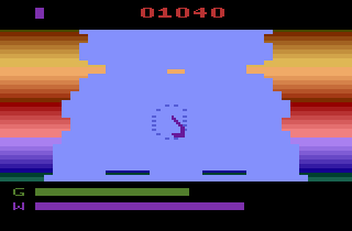 River Patrol (Atari 2600) screenshot: Oh, no! I'm caught in the whirlpool!
