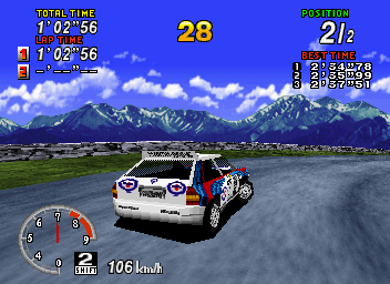 SEGA Rally Championship (SEGA Saturn) screenshot: Showing off the flat backgrounds.