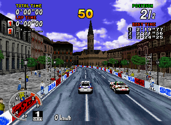SEGA Rally Championship (SEGA Saturn) screenshot: The town area is as pretty as it is brutal.