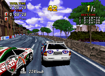 SEGA Rally Championship (SEGA Saturn) screenshot: Getting run off the road by the opponent.