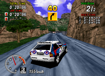 SEGA Rally Championship (SEGA Saturn) screenshot: Drifting on some mountain roads.