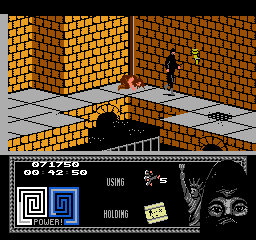 Last Ninja 2: Back with a Vengeance (NES) screenshot: Level 3, "The Sewers": Torches.<br> "A torch will give you light in the end of this journey"<br> (in fact this is a very subtle hint for the end of this level)