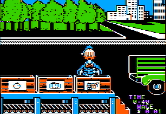 Donald Duck's Playground (Apple II) screenshot: Catching produce and sorting it into bins at the produce market
