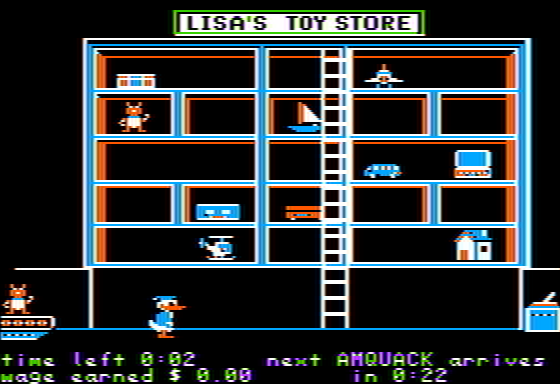 Donald Duck's Playground (Apple II) screenshot: Storing toys at Lisa's toy store